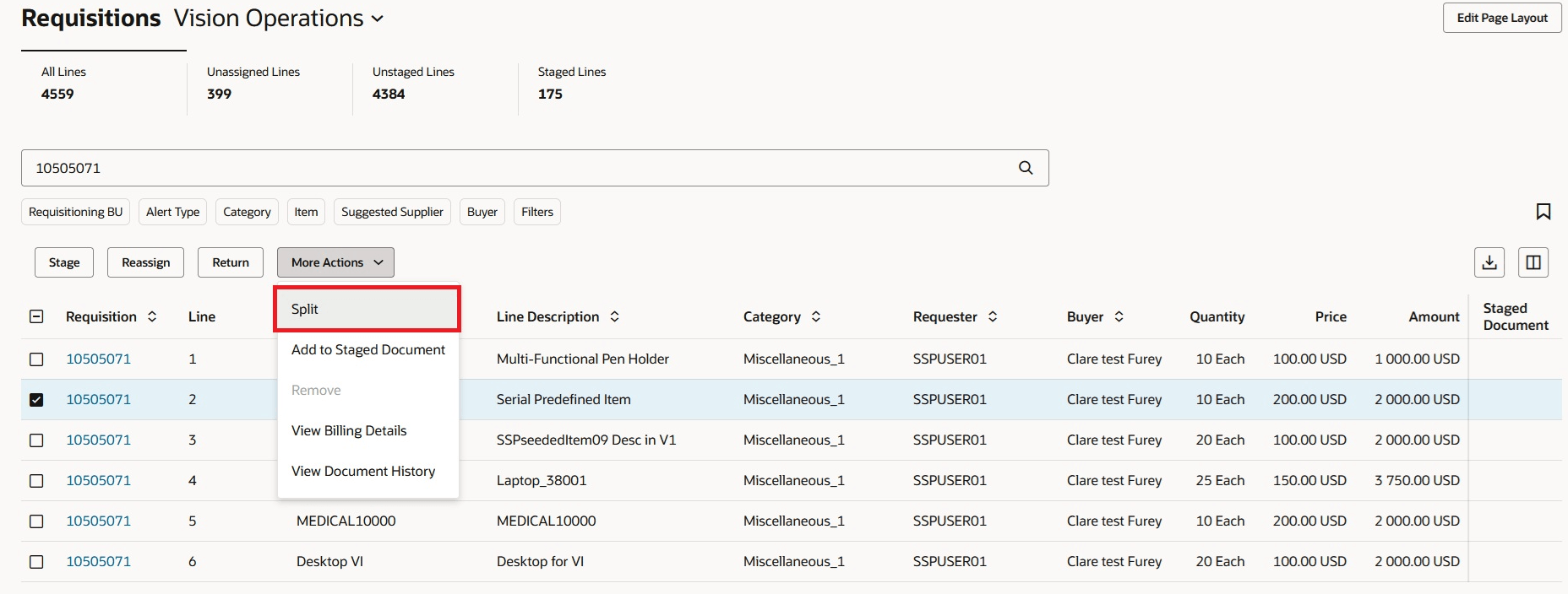 購買依頼明細の分割