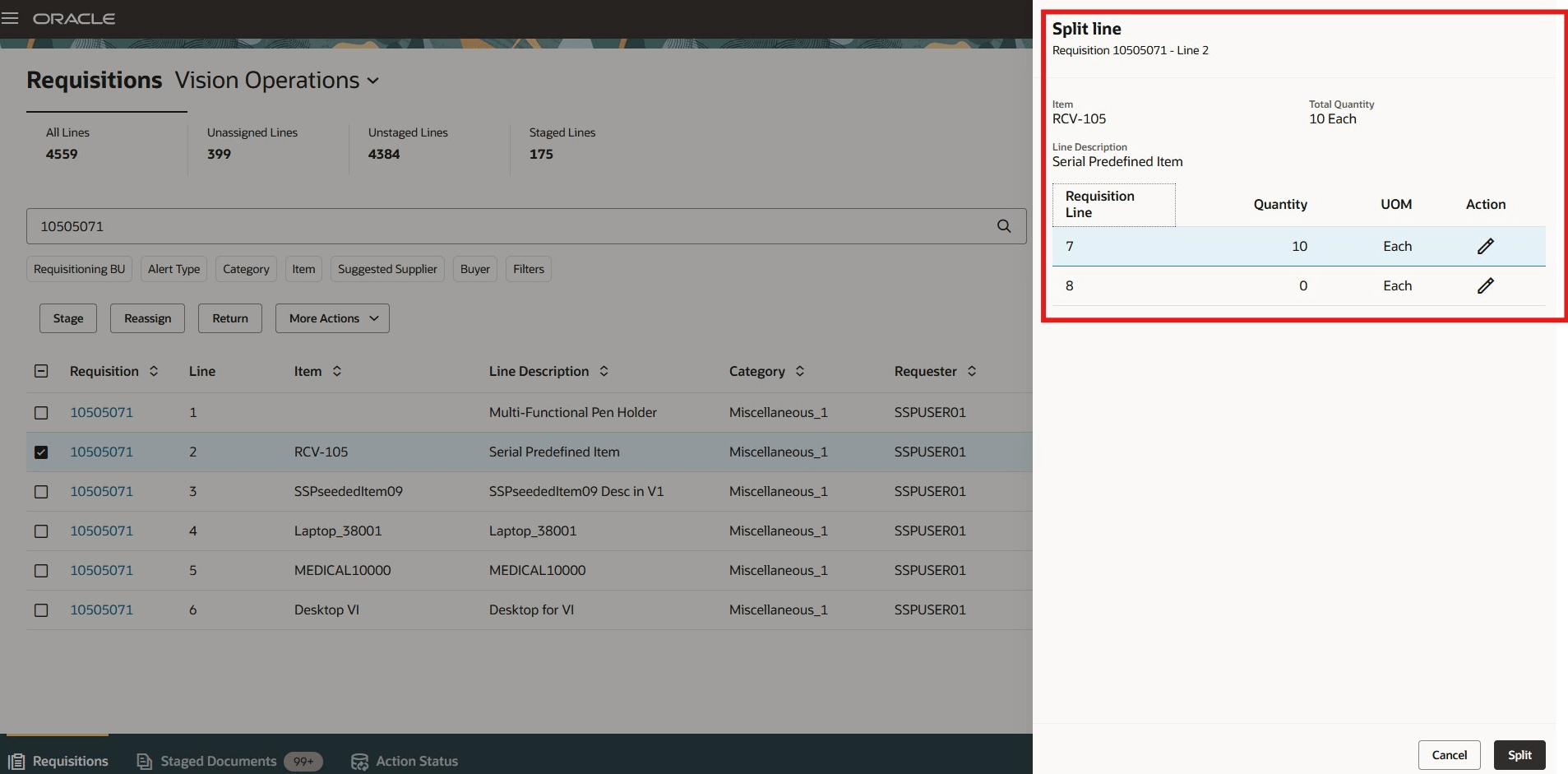 購買依頼明細ドロワーの分割