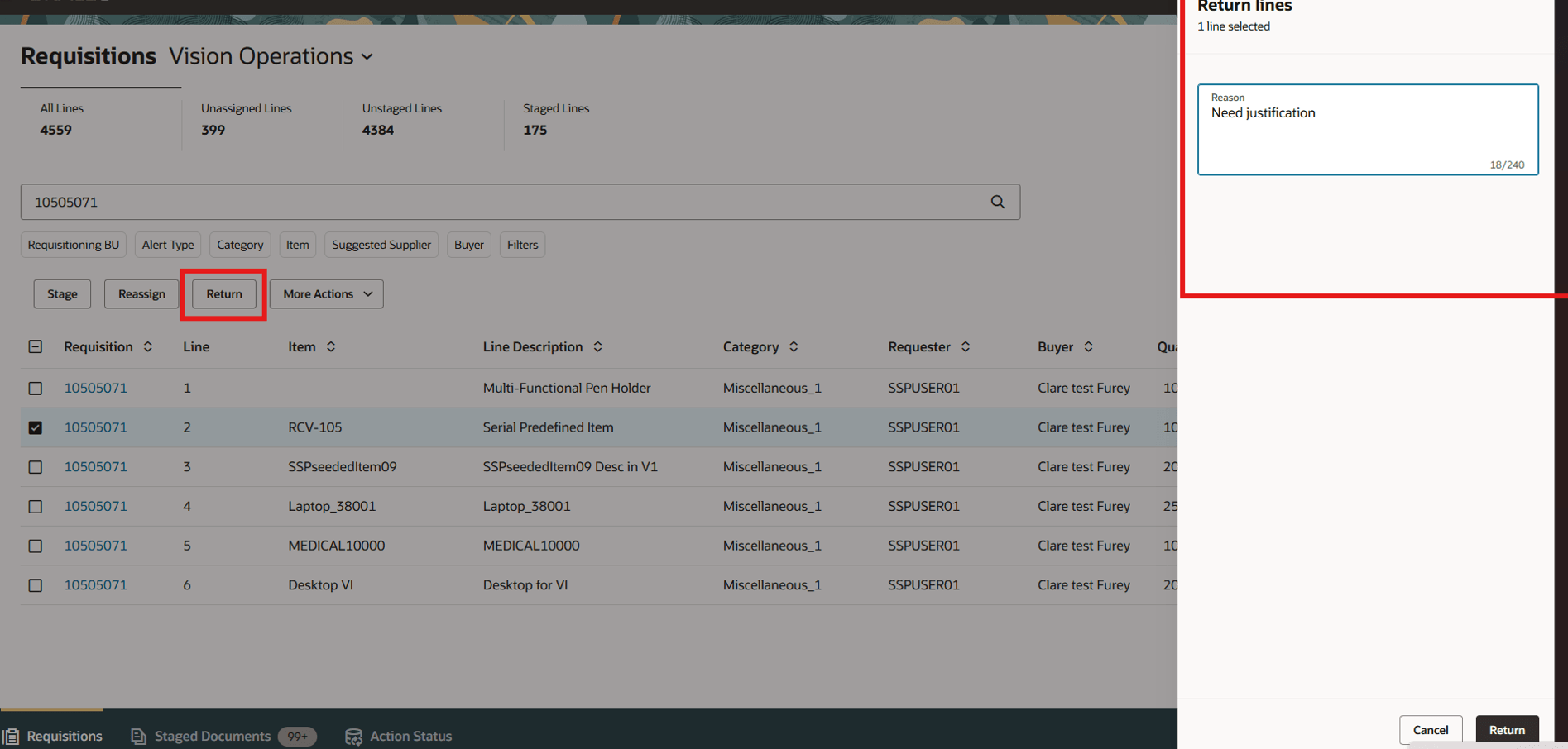 購買依頼明細の返品