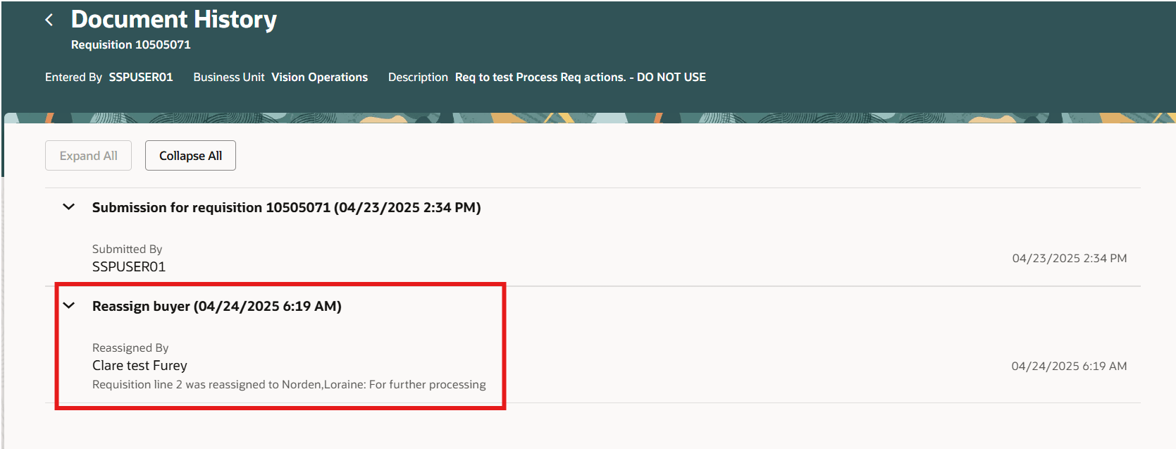 購買依頼明細の文書履歴