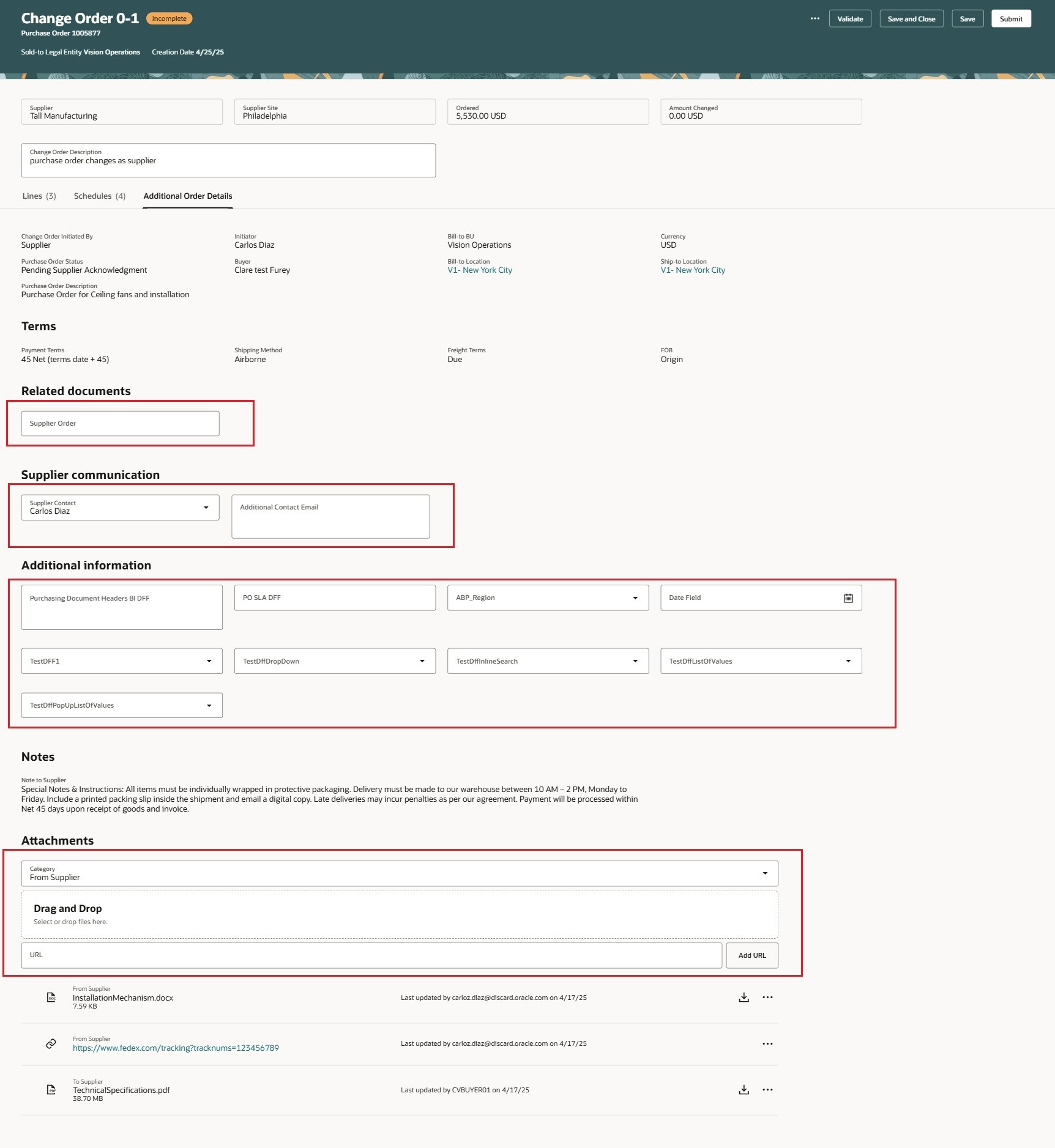 「追加オーダー詳細」タブにナビゲートして変更オーダー・ヘッダー属性を編集