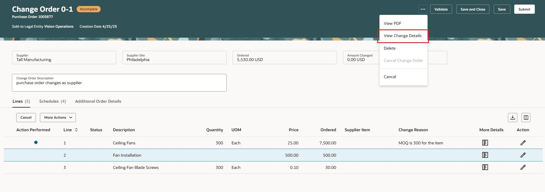 「変更詳細の表示」処理を使用した、アクティブな購買オーダー・バージョンに提示された変更の表示