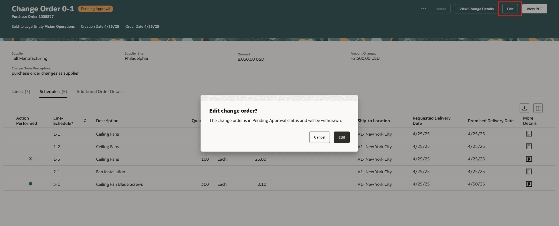 承認待ちステータスの変更オーダーを編集する場合のダイアログ・メッセージ