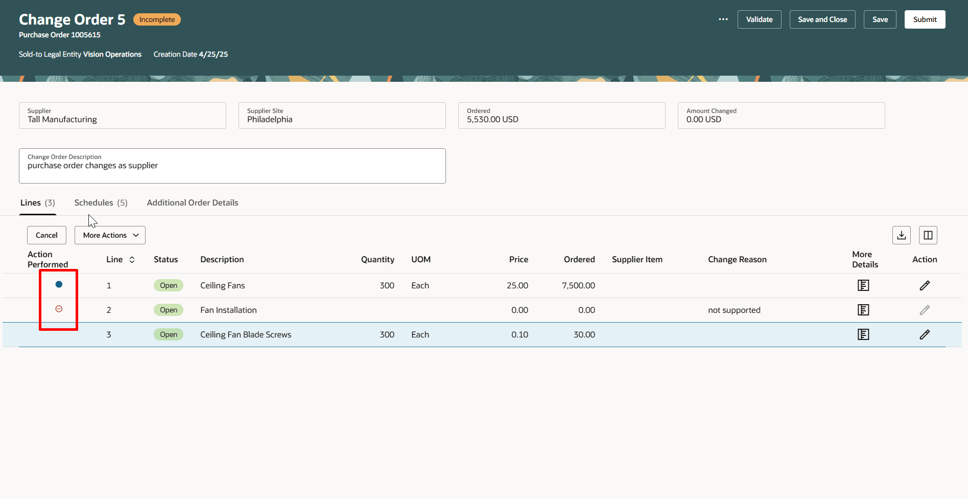 変更オーダーの「明細」セクションの「実行された処理」アイコン
