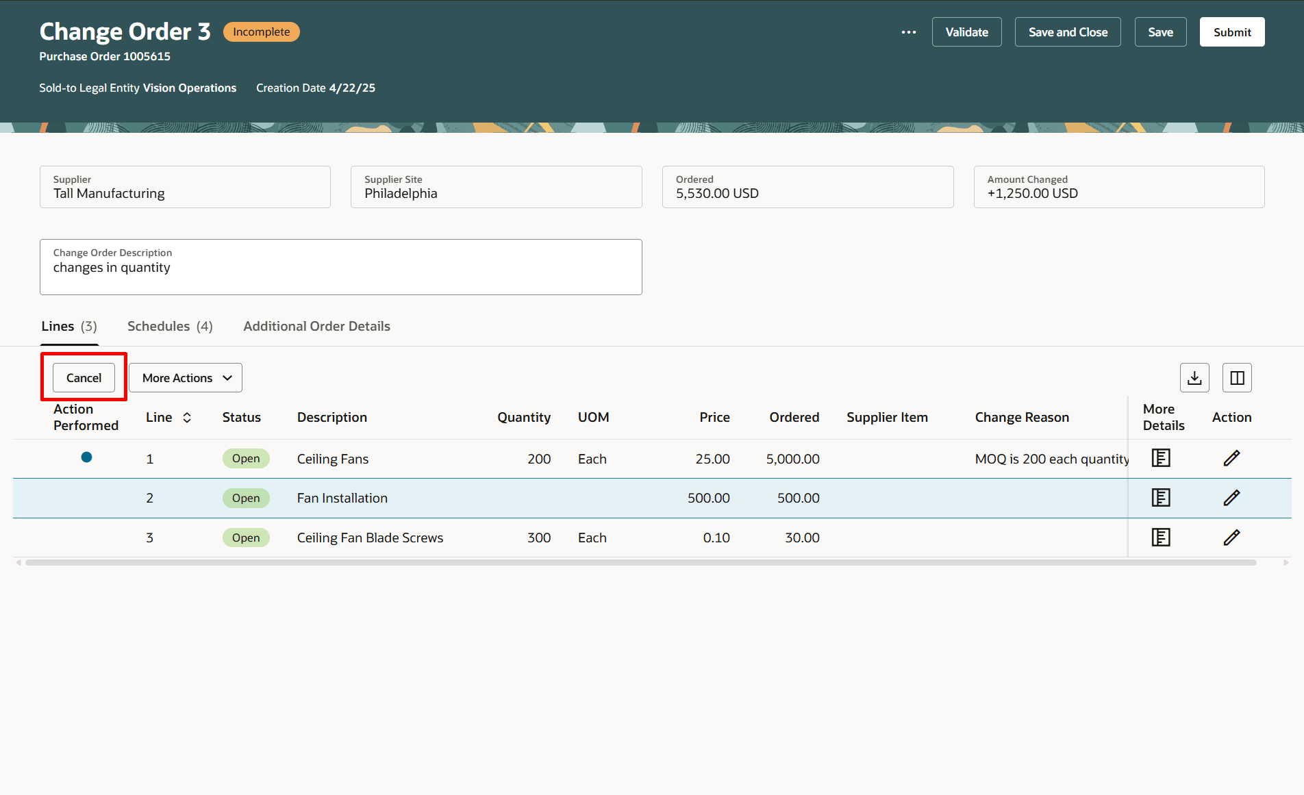 「取消」ボタンをクリックすると、変更オーダー明細が取り消されます