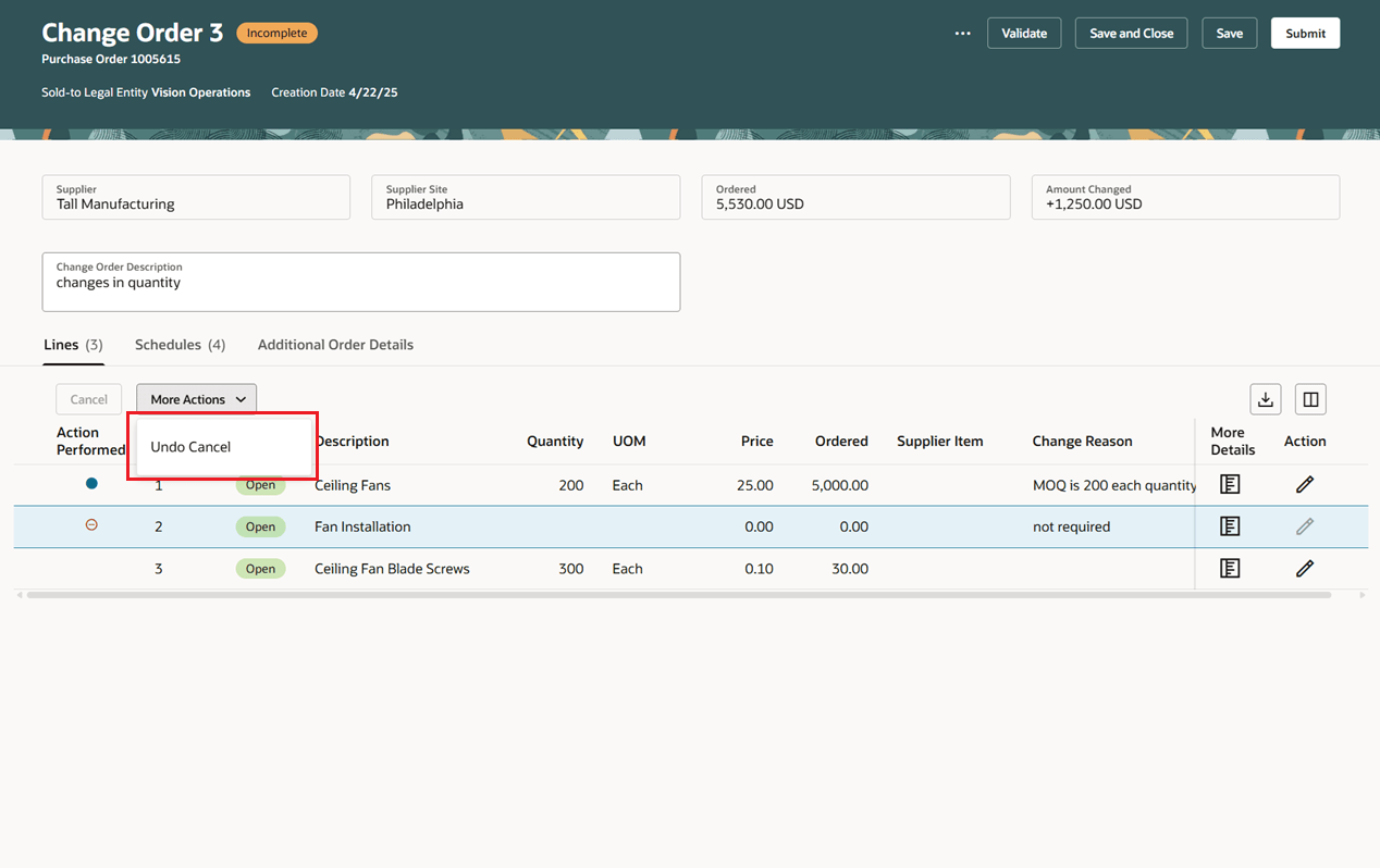 「取消を元に戻す」ボタンを使用して変更オーダー明細の変更を元に戻す