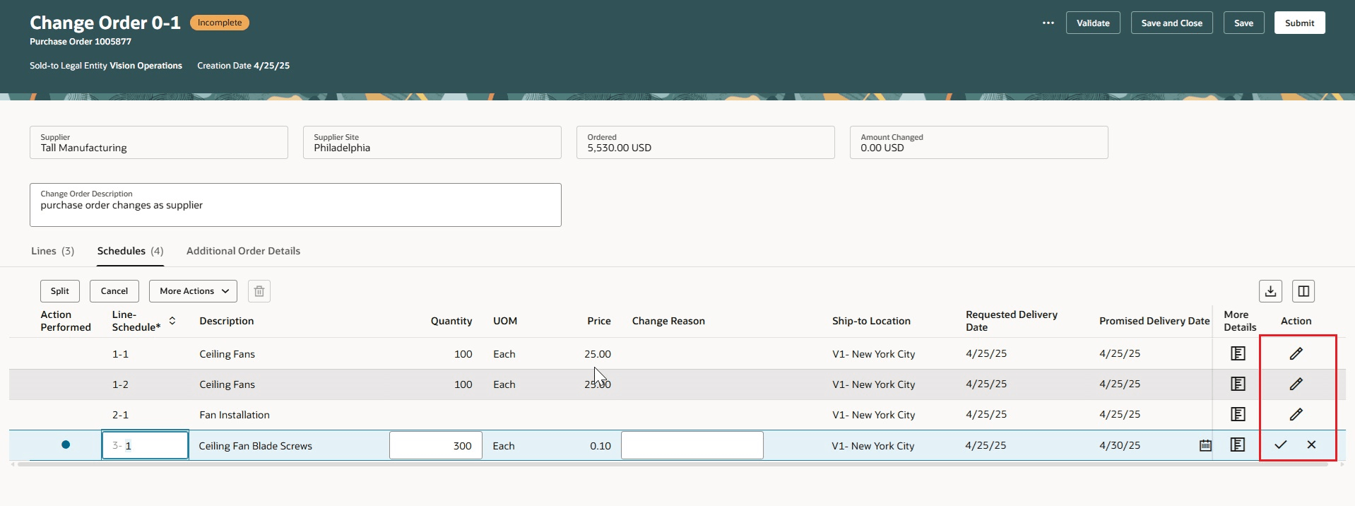 行レベルの編集オプションを使用した変更オーダー・スケジュールの編集
