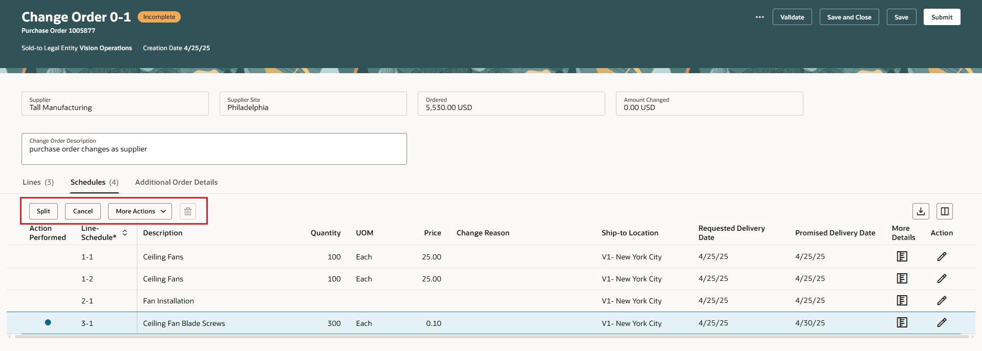 変更オーダー・スケジュールの「分割」、「取消」、「取消を元に戻す」、「行レベルのオプションの削除」