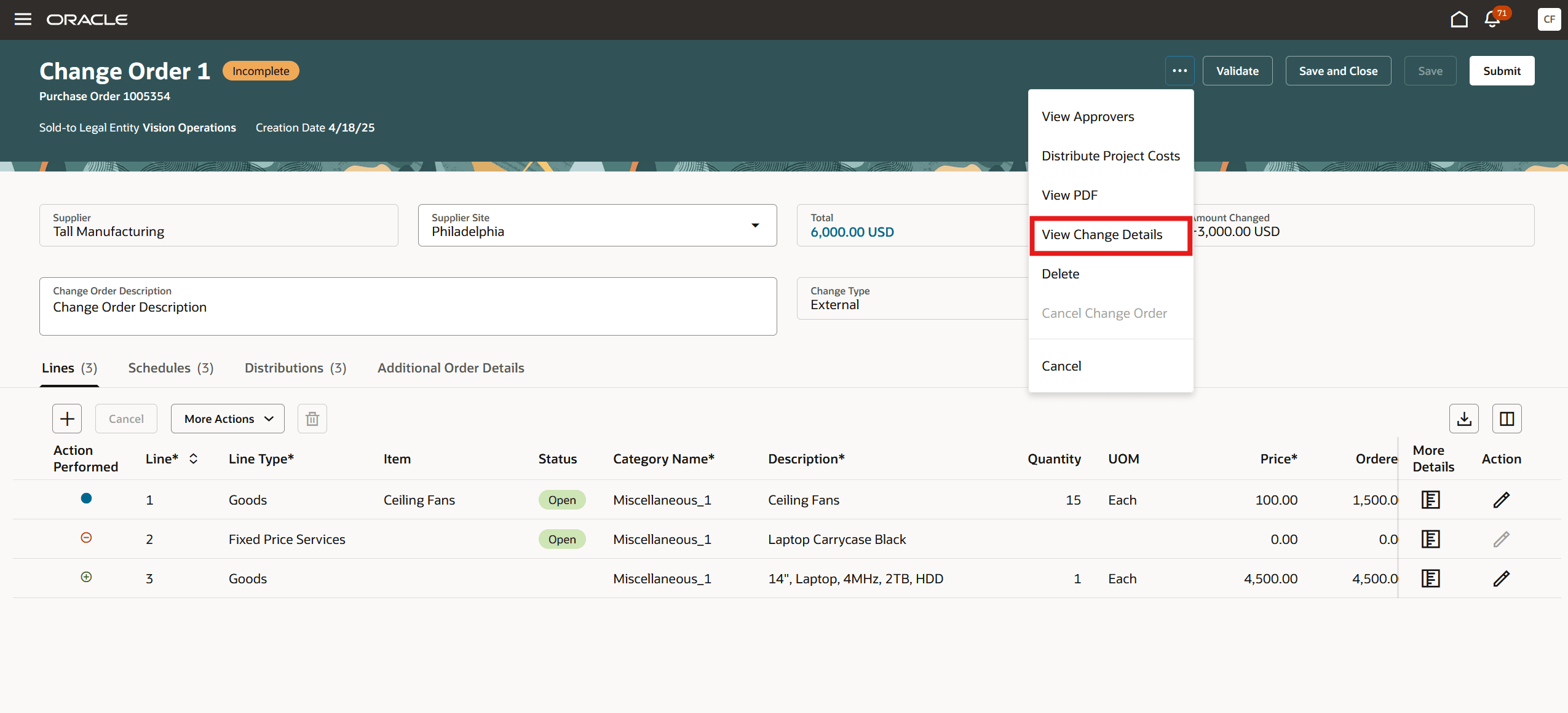 「変更オーダーの編集」ページの「変更詳細の表示」処理