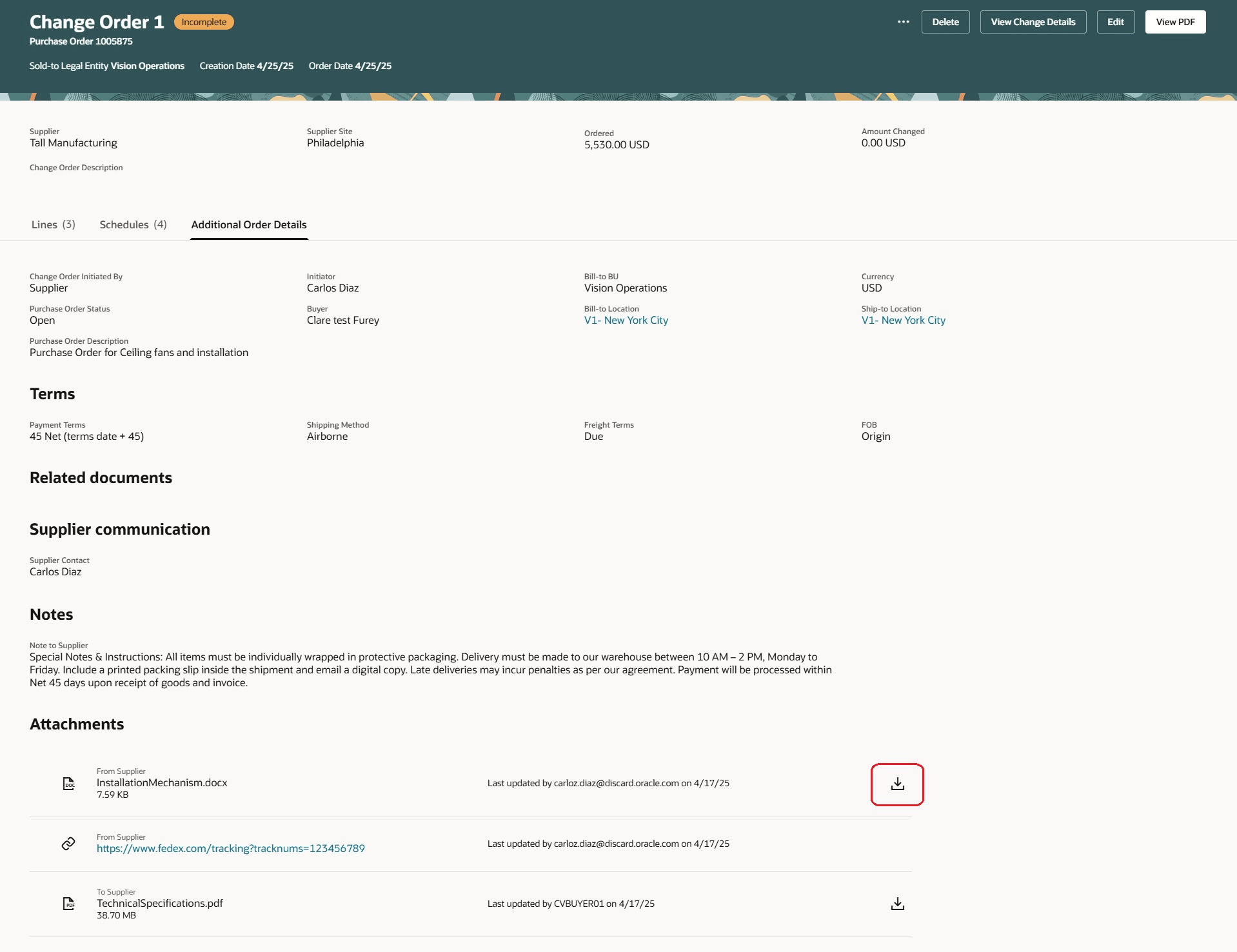 「ダウンロード」アイコンを使用して添付をダウンロードおよび表示