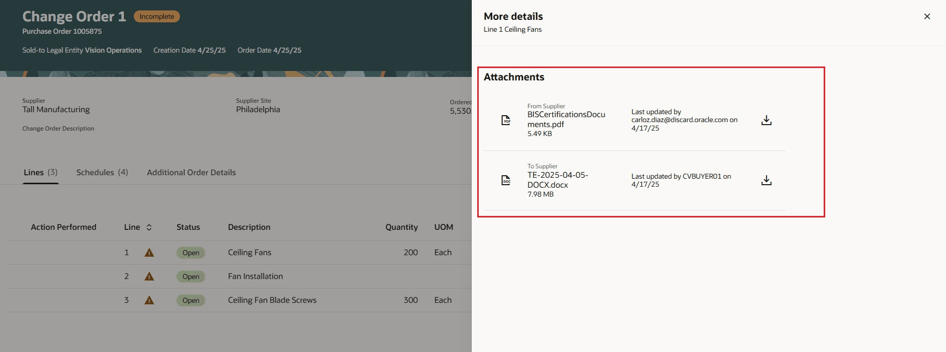 詳細ドロワーを使用した明細添付の表示