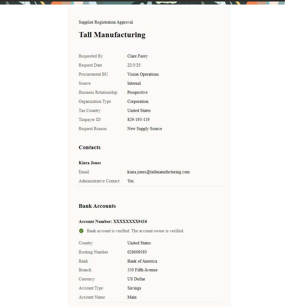 サプライヤ登録承認通知に表示される銀行口座検証ステータス