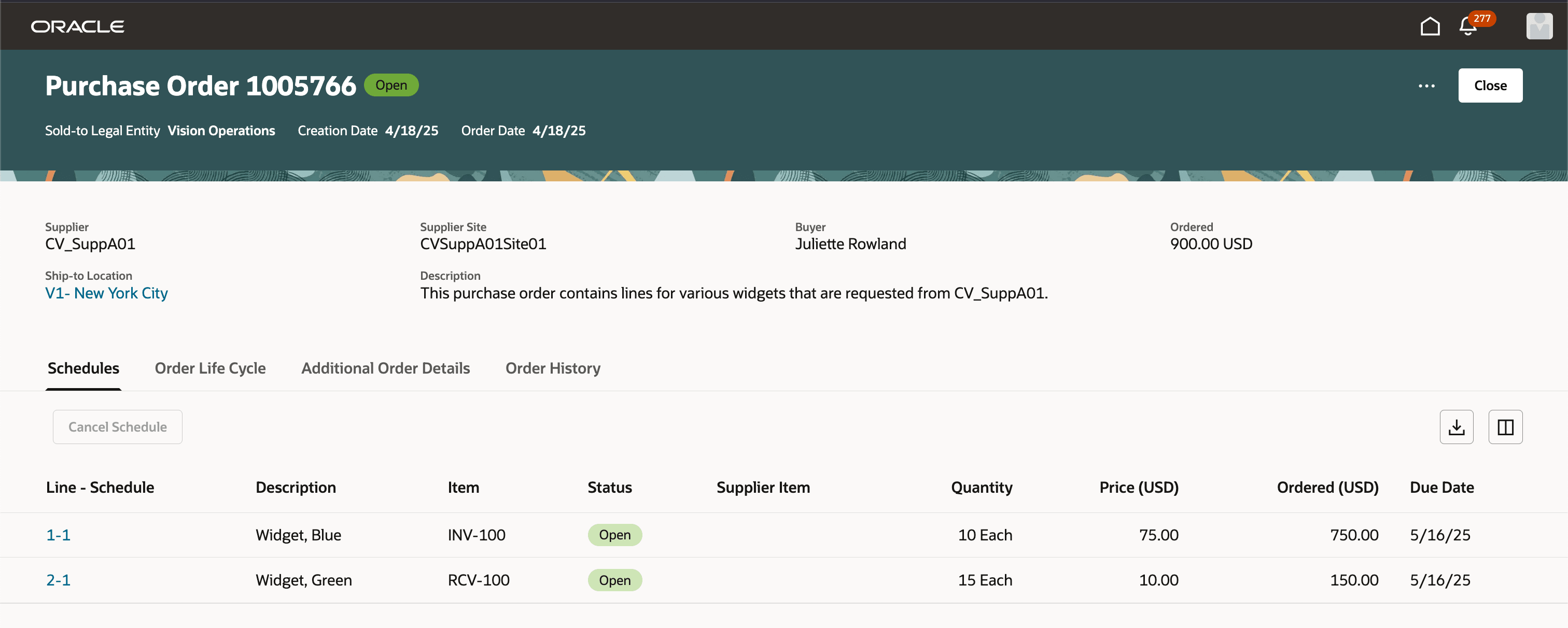 購買オーダーの表示 - 主要な情報およびスケジュール