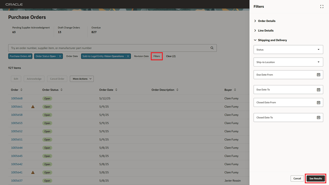 サプライヤ購買オーダーの追加フィルタ