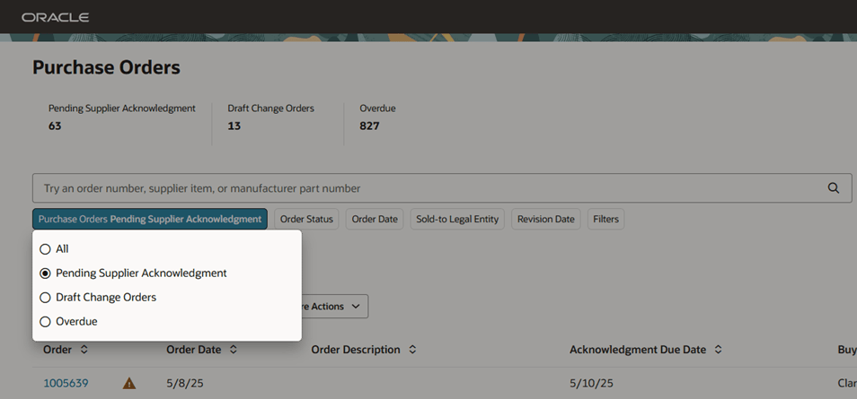 サプライヤ購買オーダーのコンテキスト・フィルタ