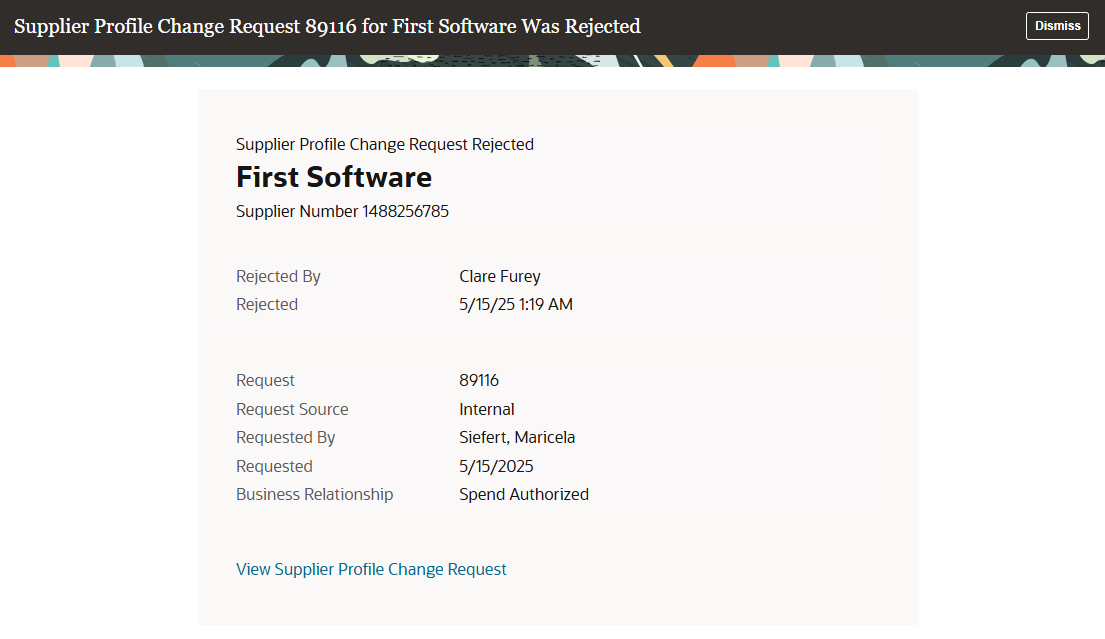 内部ユーザーのサプライヤ・プロファイル変更リクエストFYI通知