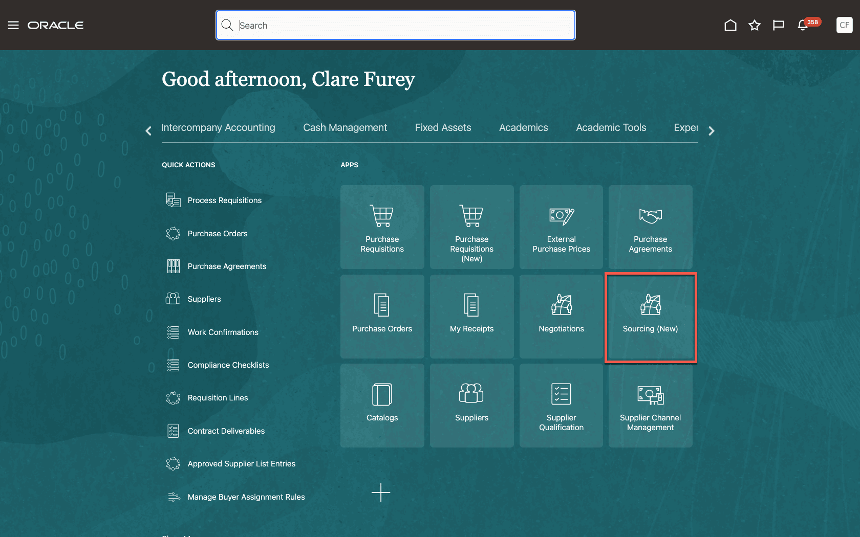 ソーシング・ランディング・ページにアクセスするための新規タイル
