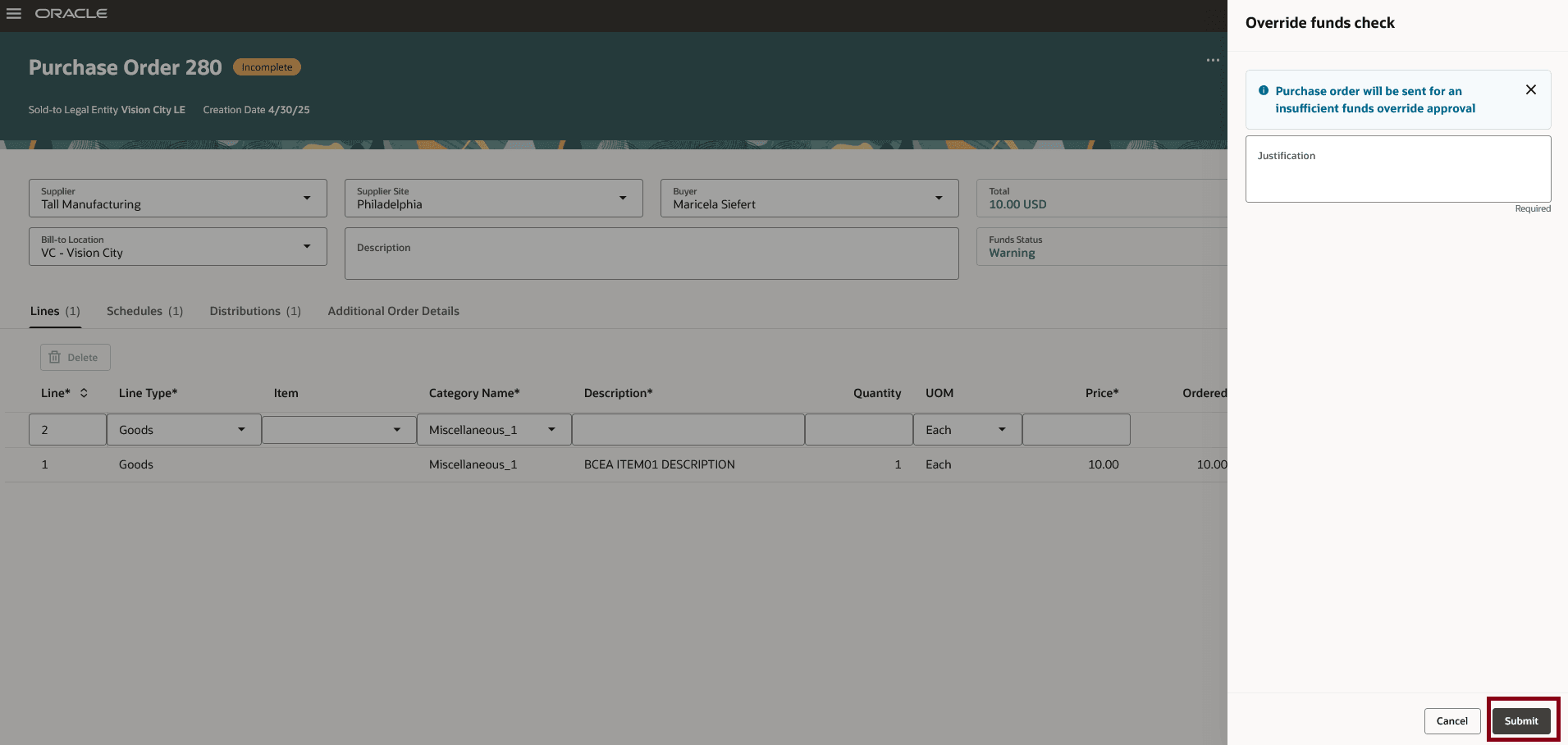 資金上書き事由のある購買オーダー発行