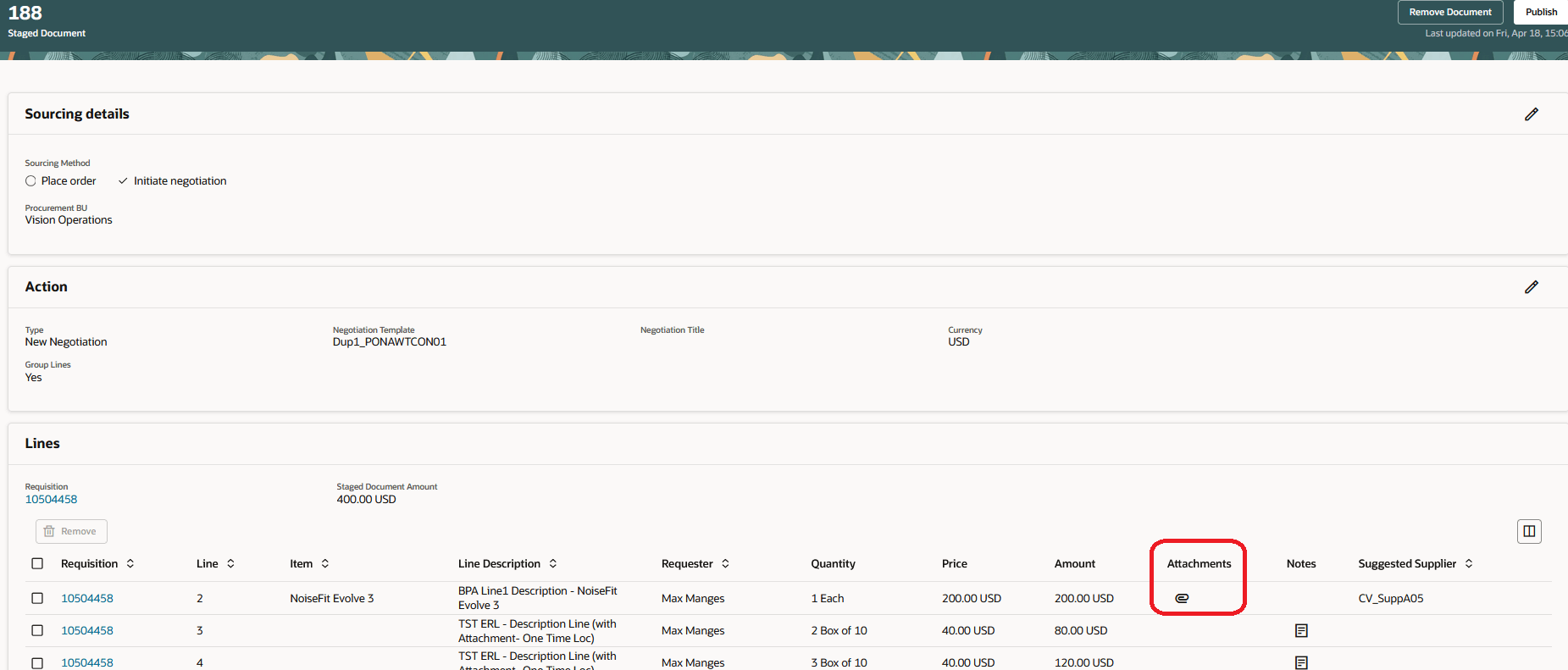 ステージ済文書ページの「添付」アイコン