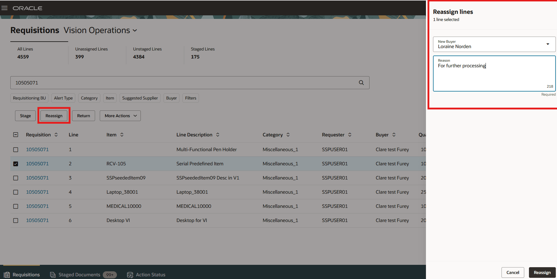 購買依頼明細の再割当