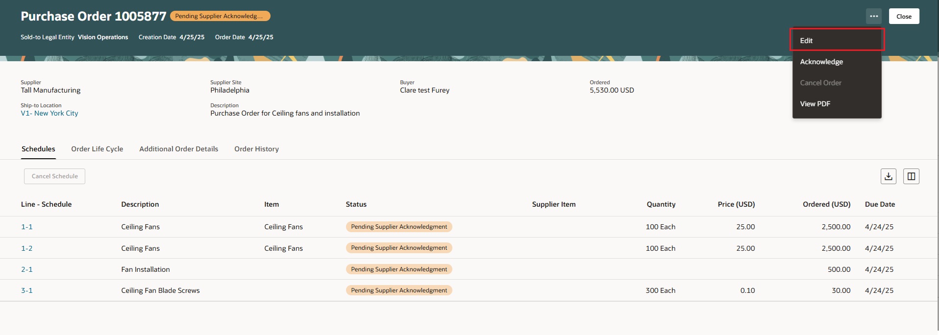 購買オーダーの編集オプションを使用して変更オーダーを作成