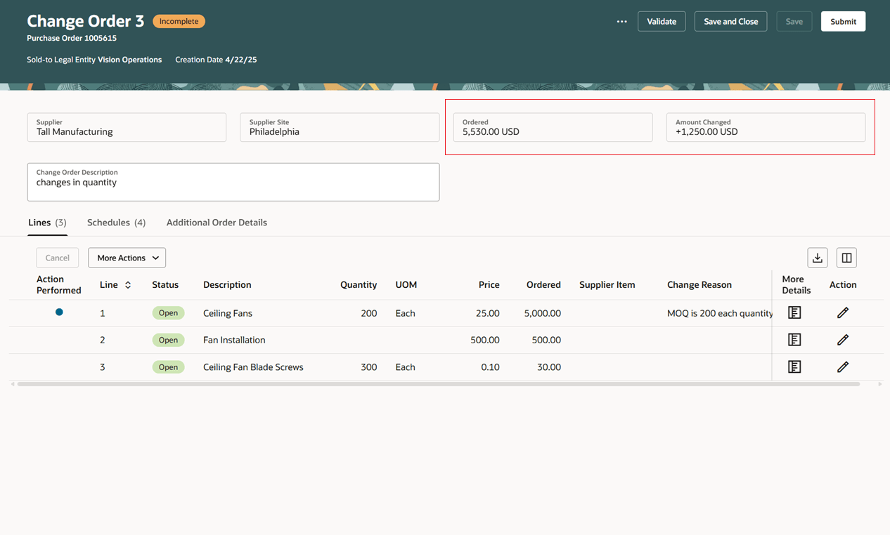 変更オーダー・ヘッダーのオーダー済および金額変更済