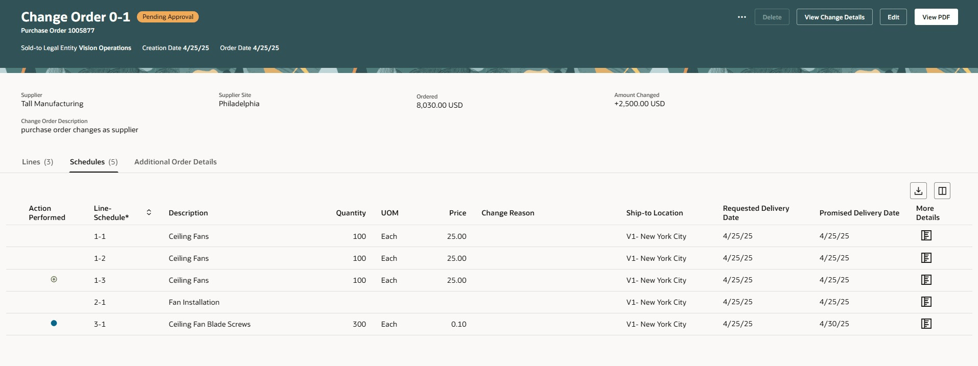 「変更オーダーの表示」ページの購買オーダー・ヘッダーおよび明細