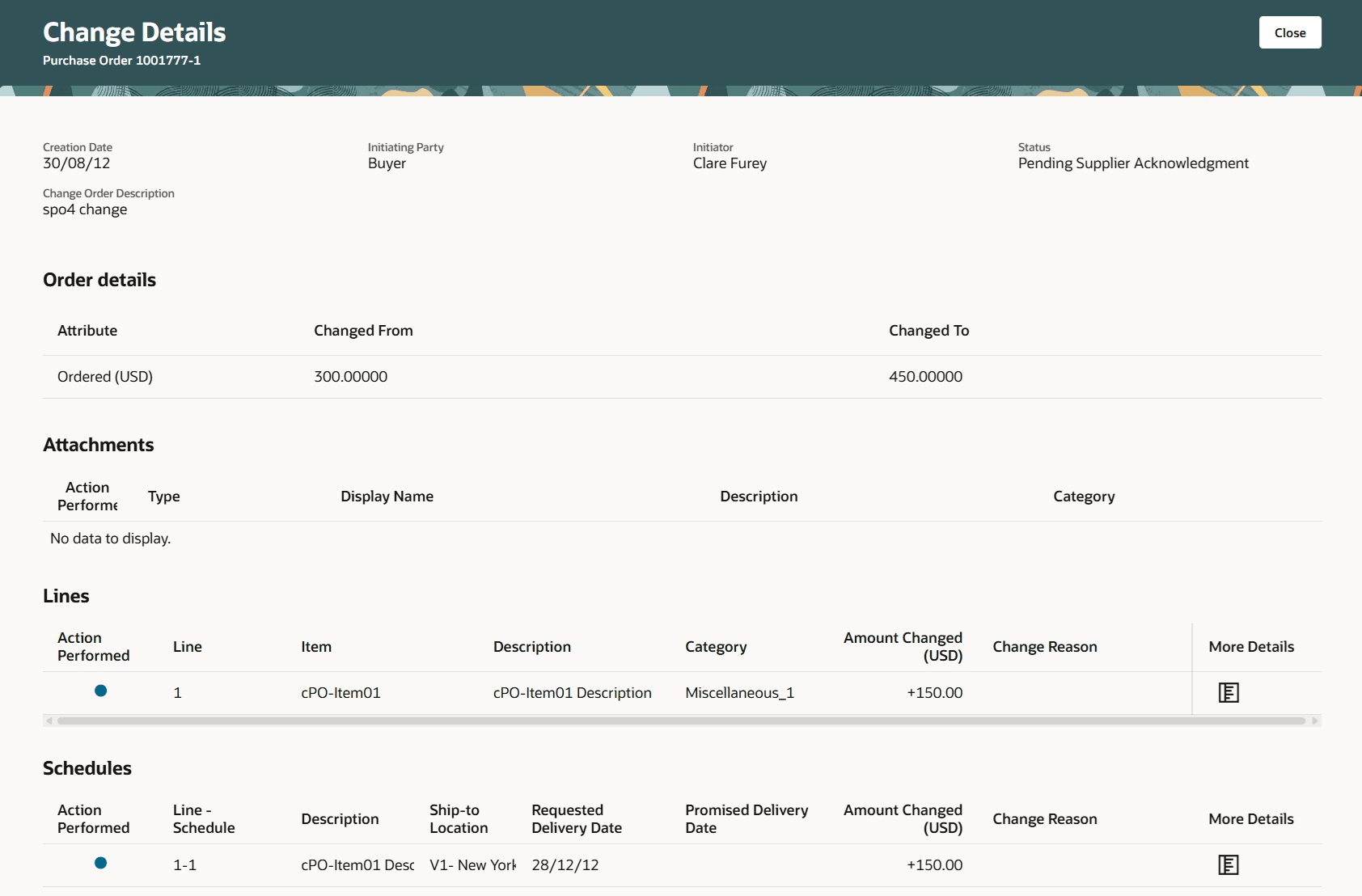 有効な購買オーダー・バージョンに提示された変更を示す変更詳細ページの使用