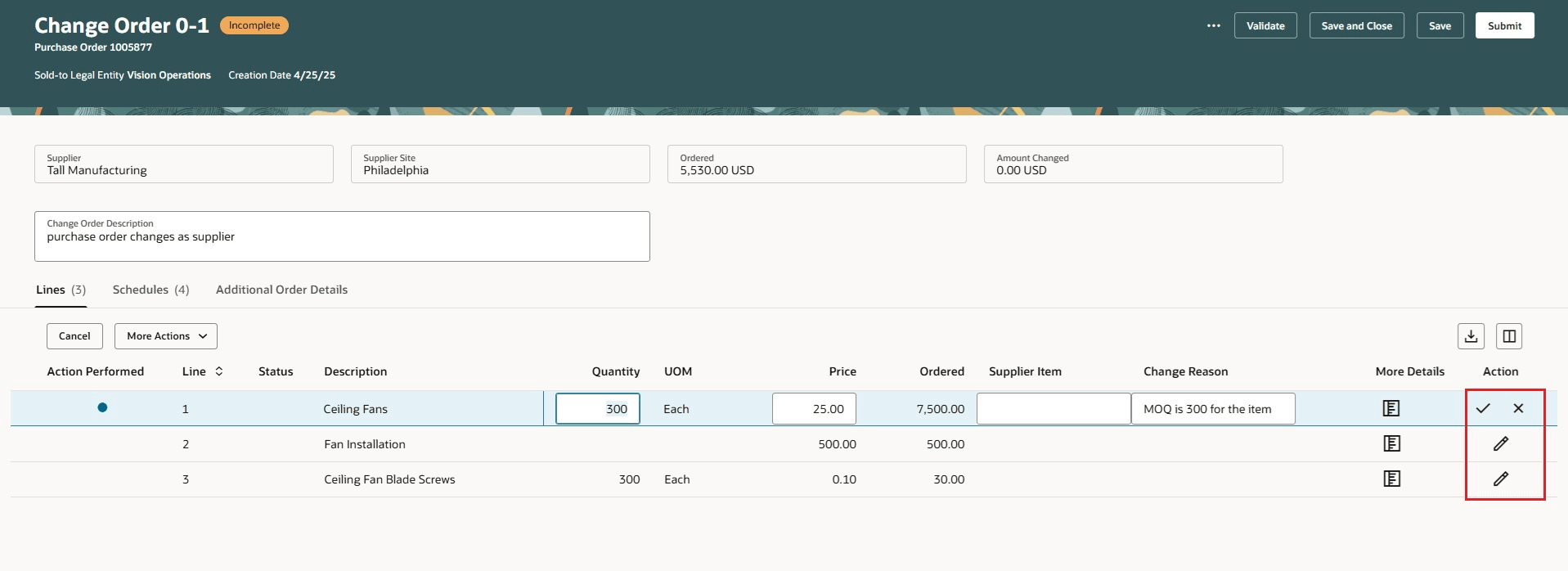 行レベルの編集オプションを使用した変更オーダー明細の編集