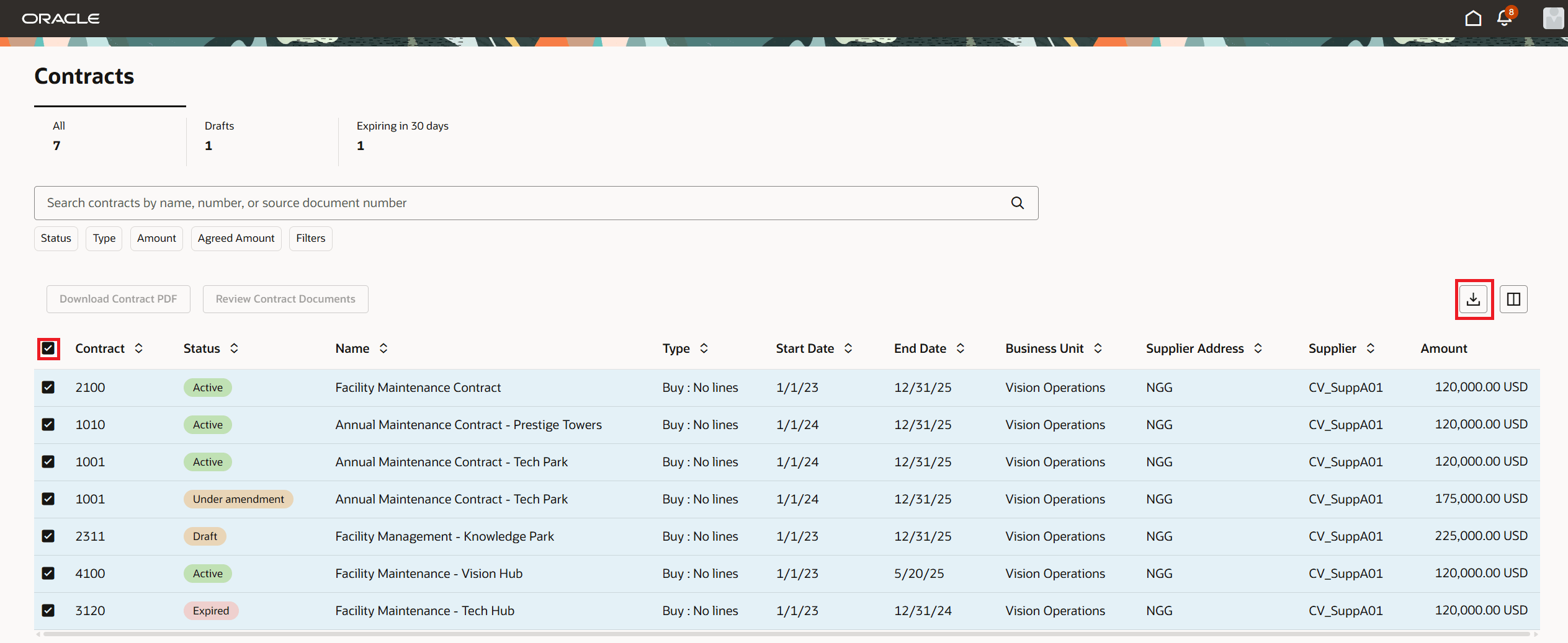 サプライヤ・ポータル契約 - エクスポート