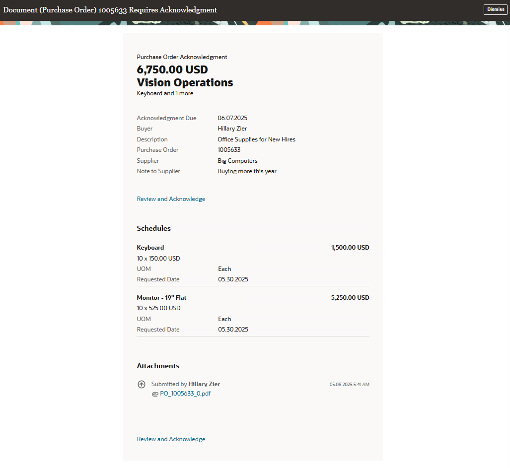 購買オーダー確認リクエスト済FYI通知