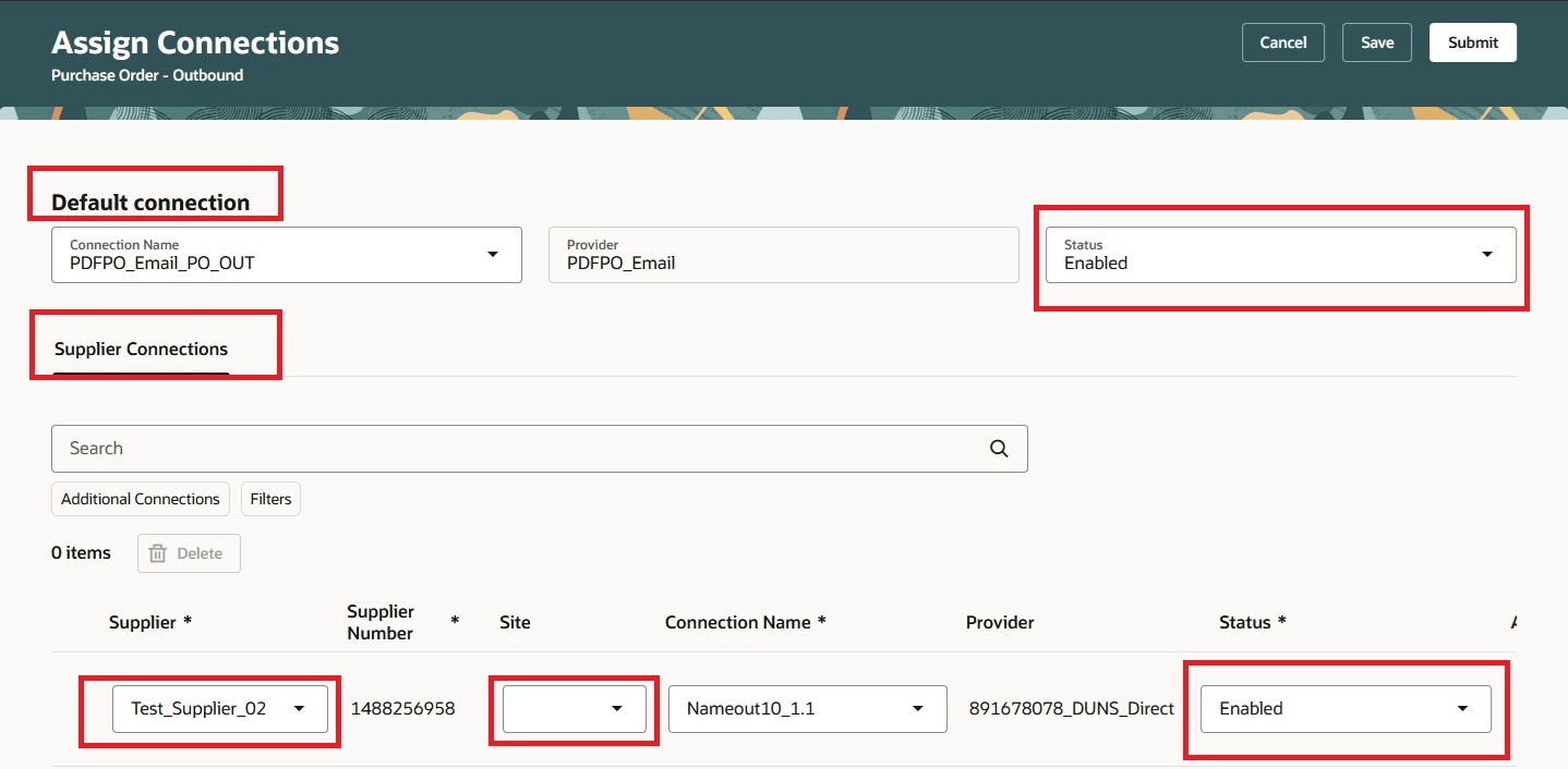 デフォルトおよびサプライヤ接続