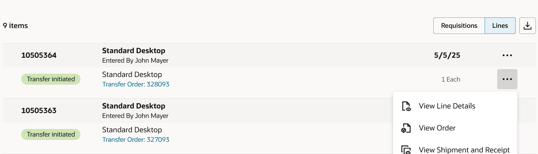 「自分の購買依頼」>「明細」から転送オーダー詳細を表示する処理