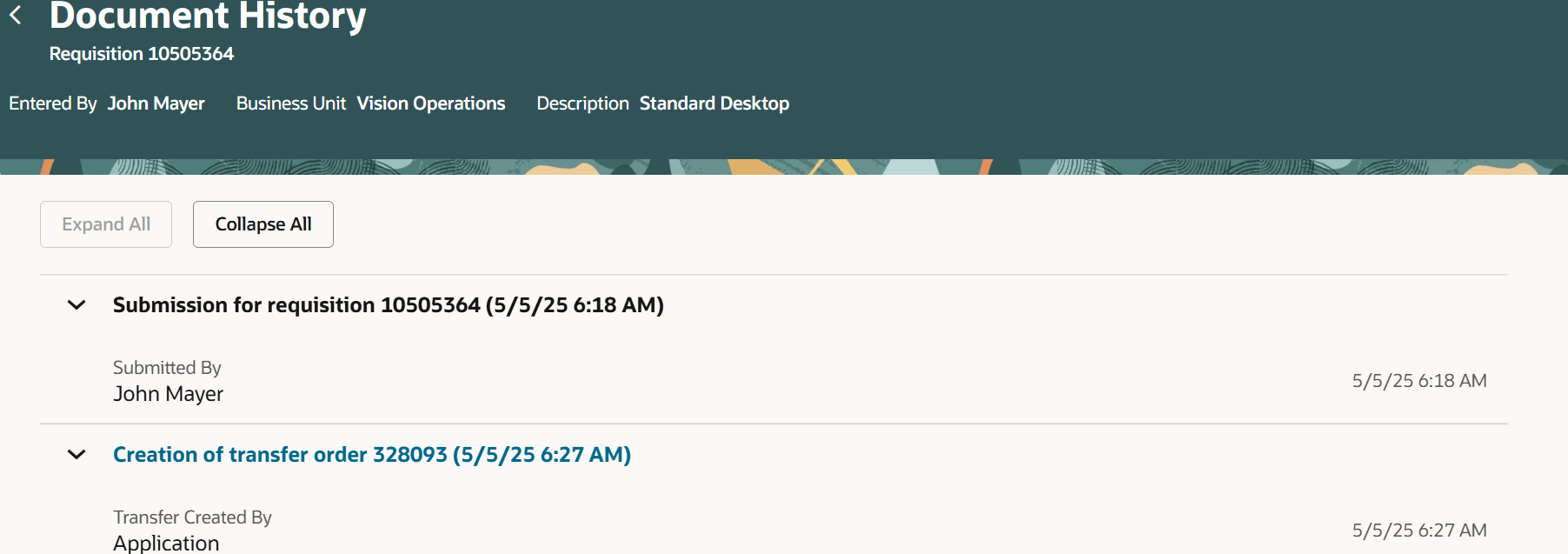 文書履歴の表示からの転送オーダー・ナビゲーション