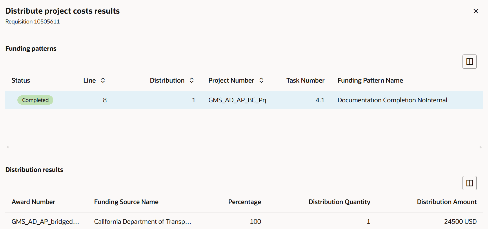 プロジェクト・コストを正常に配賦すると結果が表示されます