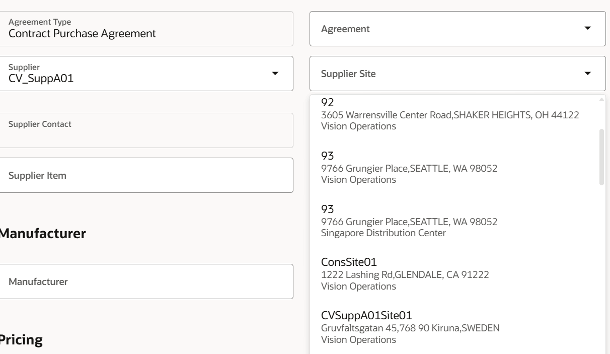 サプライヤ・サイト値リスト検索結果での調達BUの表示