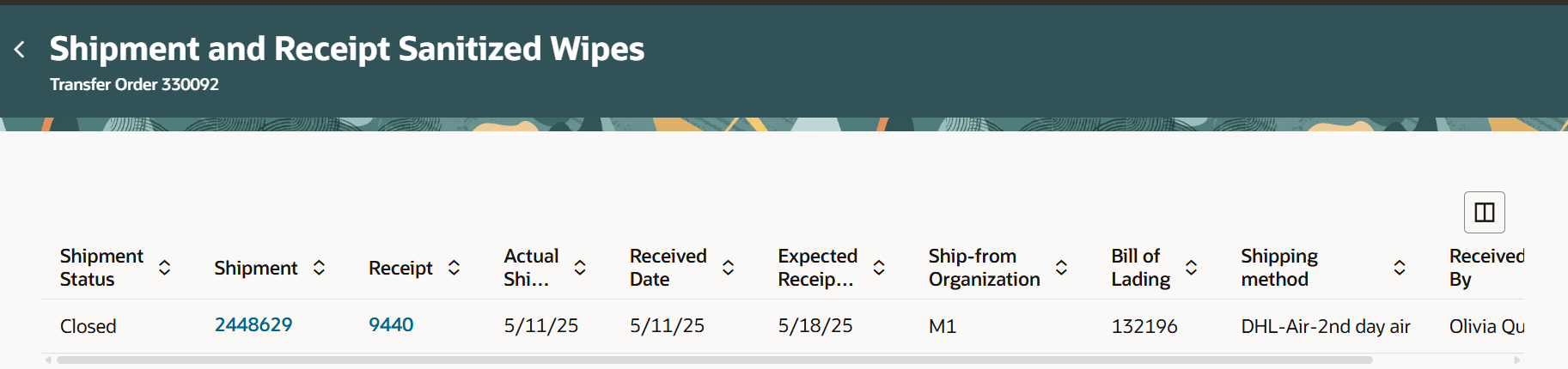 出荷および受入詳細の表示