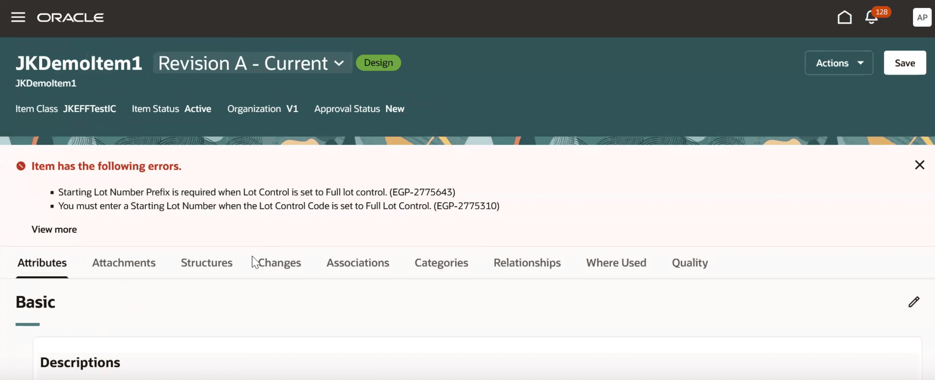 エラーおよび新規ステータスの品目ページ