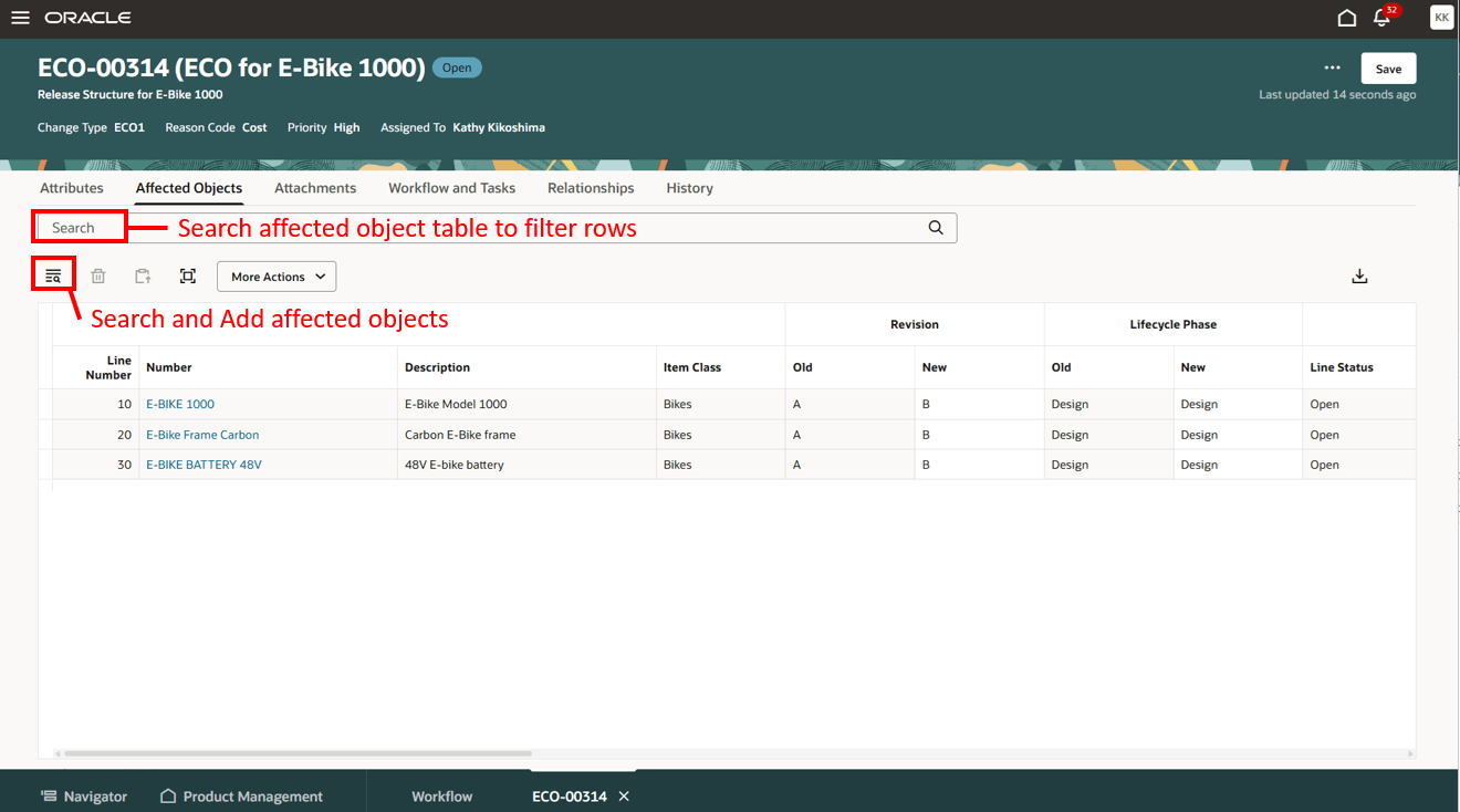 変更オーダーの「影響を受けるオブジェクト」タブ