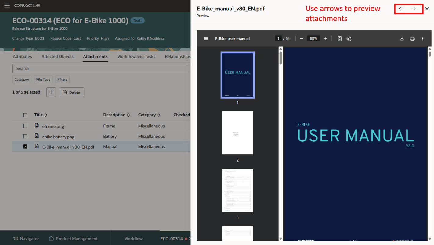 ドロワー内の添付のプレビュー