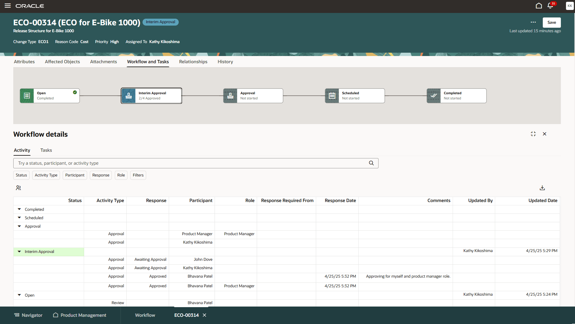 「アクティビティ」サブタブのあるワークフロー図