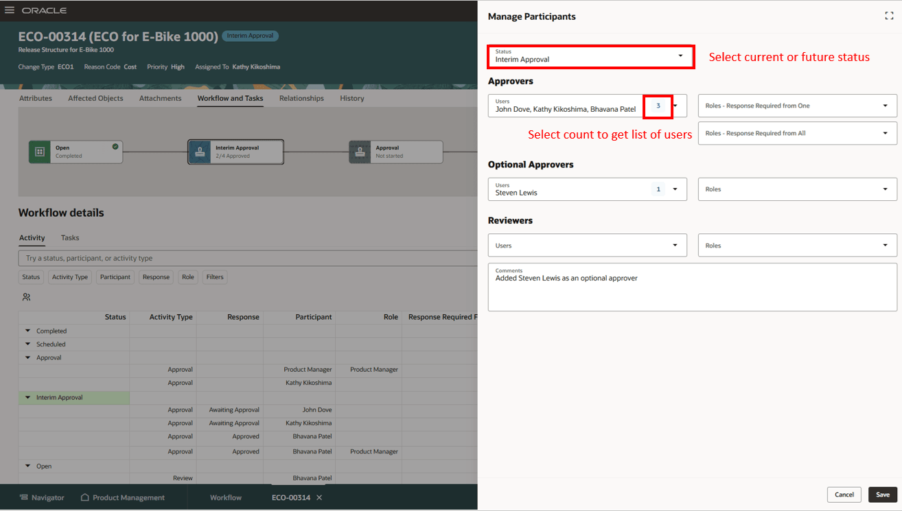 現在のステータスの参加者の管理