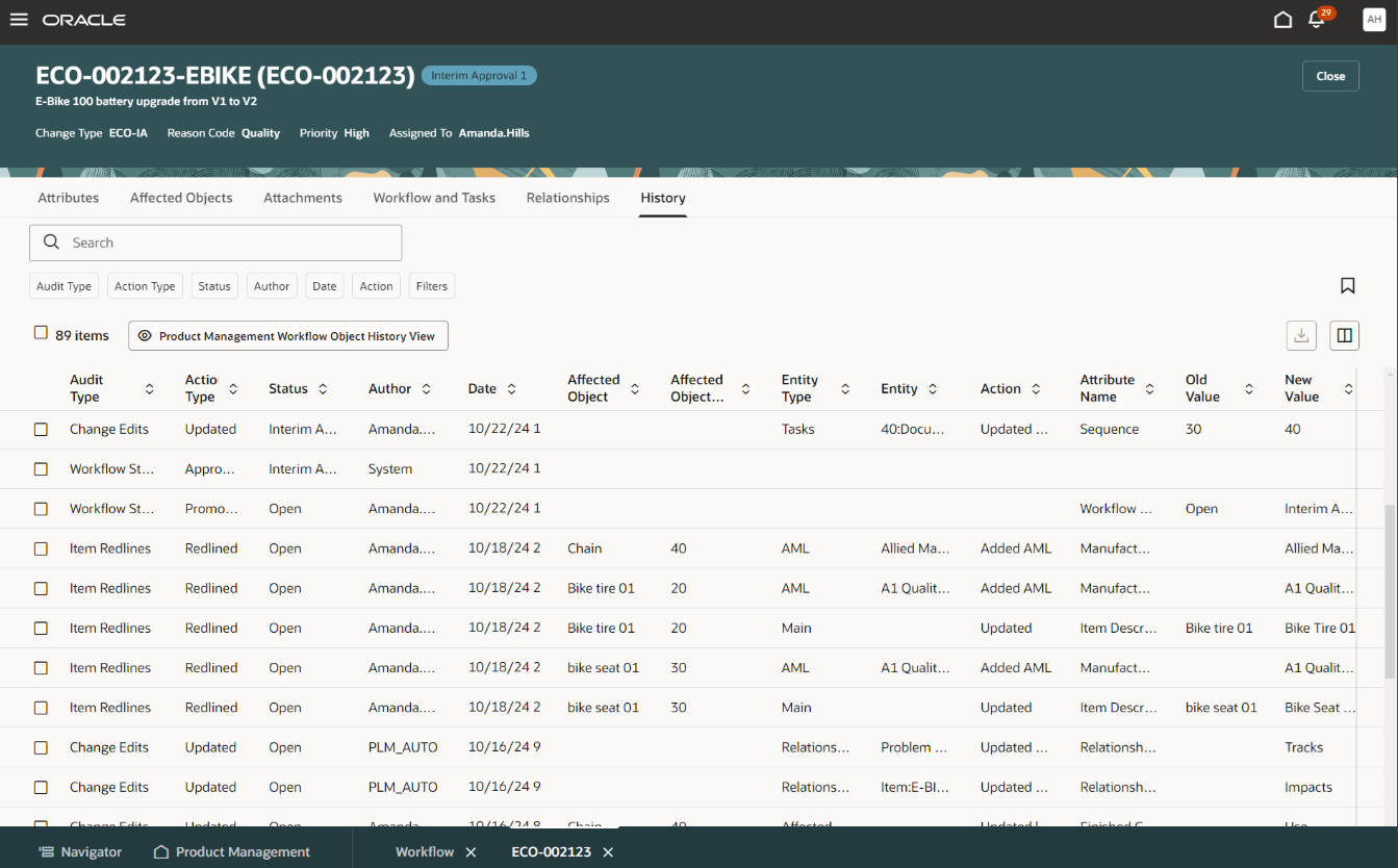 変更オーダーの「履歴」タブ