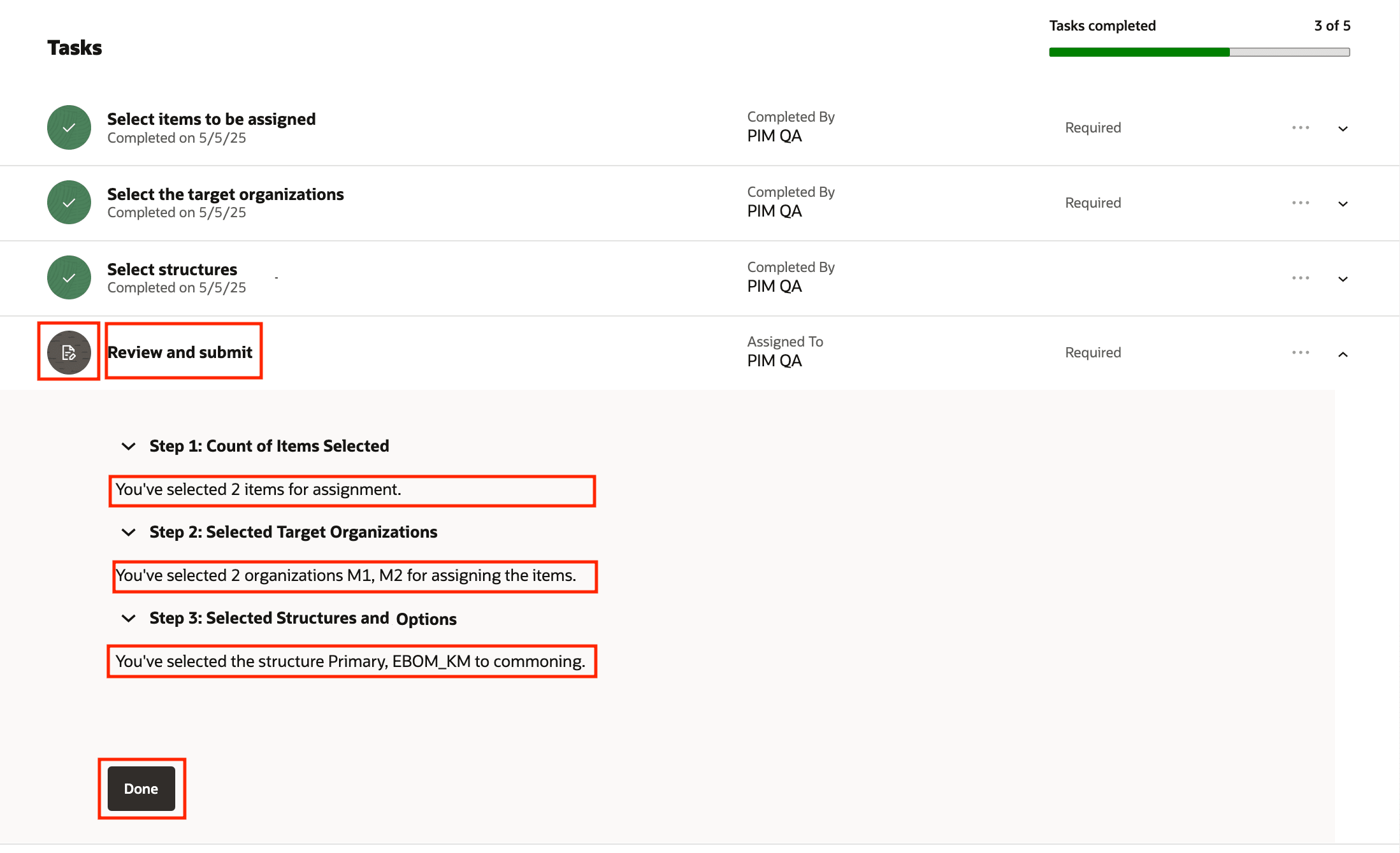 タスク: レビューと発行 - 選択内容の表示