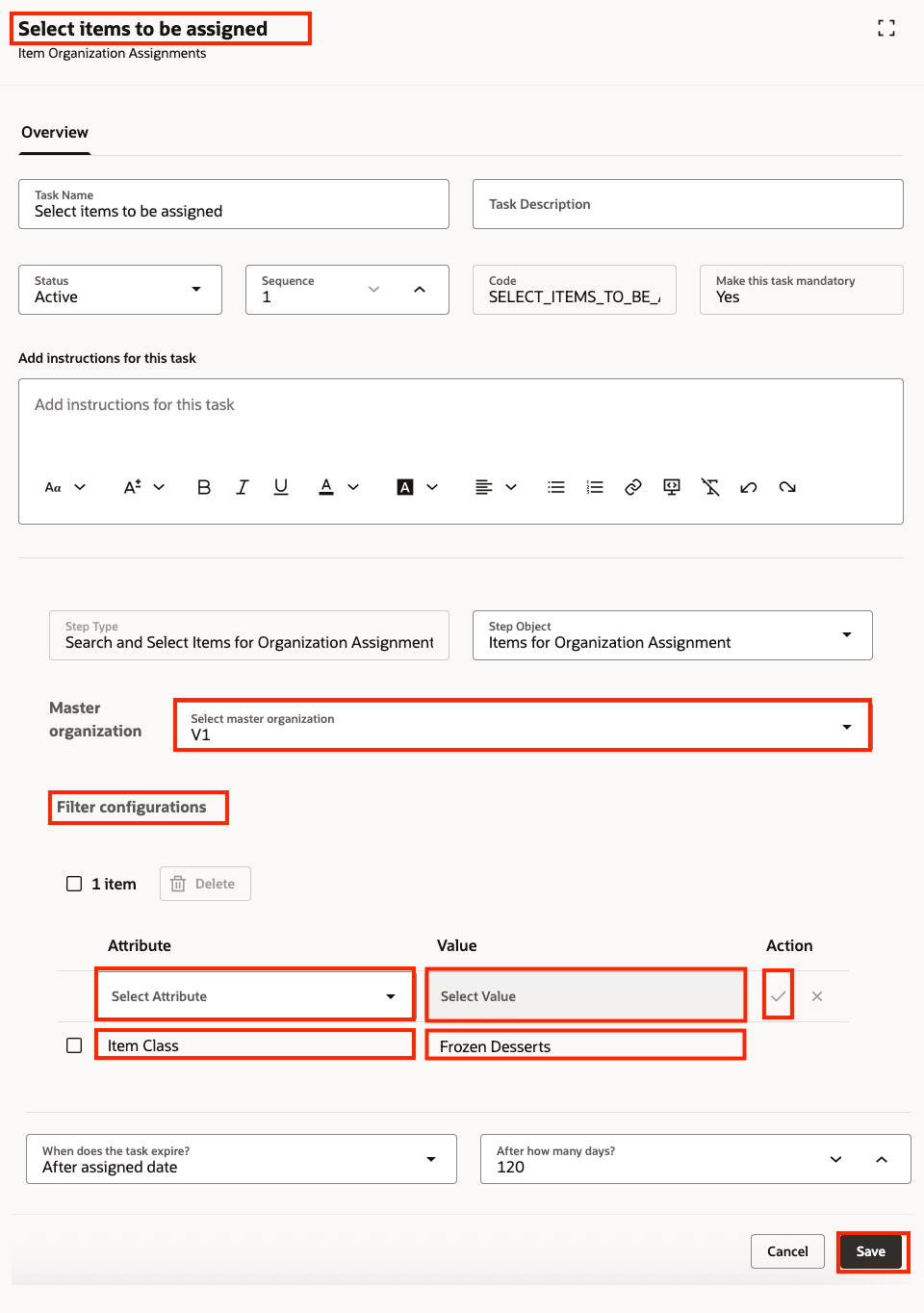 タスク: 割当する品目の選択