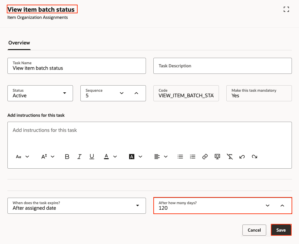 タスク: 品目バッチ・ステータスの表示