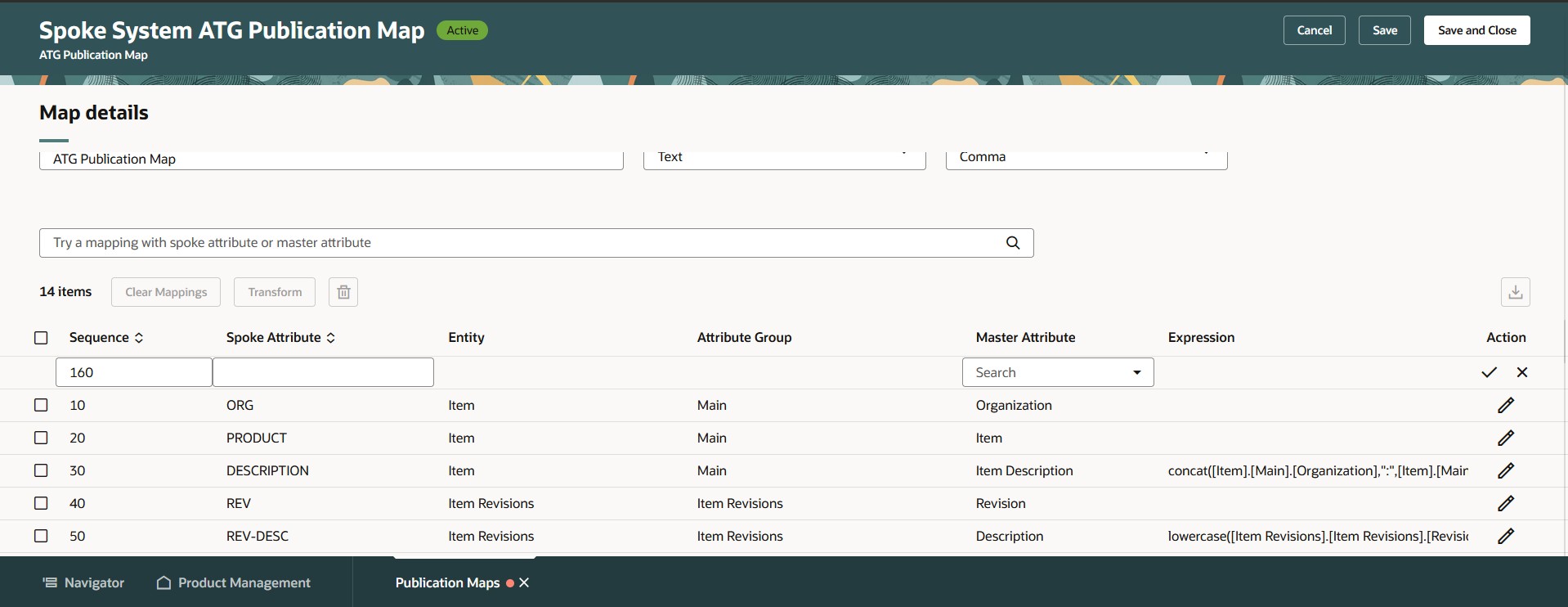 スポークからマスター属性へのマッピングで更新された式