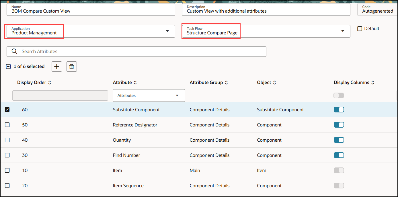 構成比較のカスタム・ビューの作成に必要な値