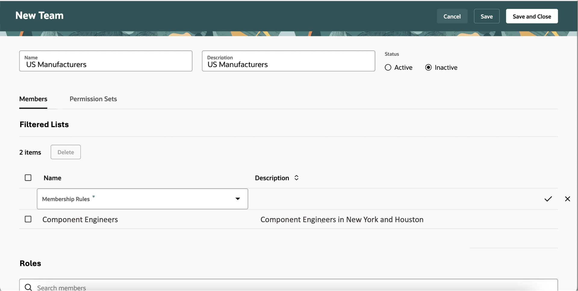 「チームの作成」ページの「メンバー」タブ