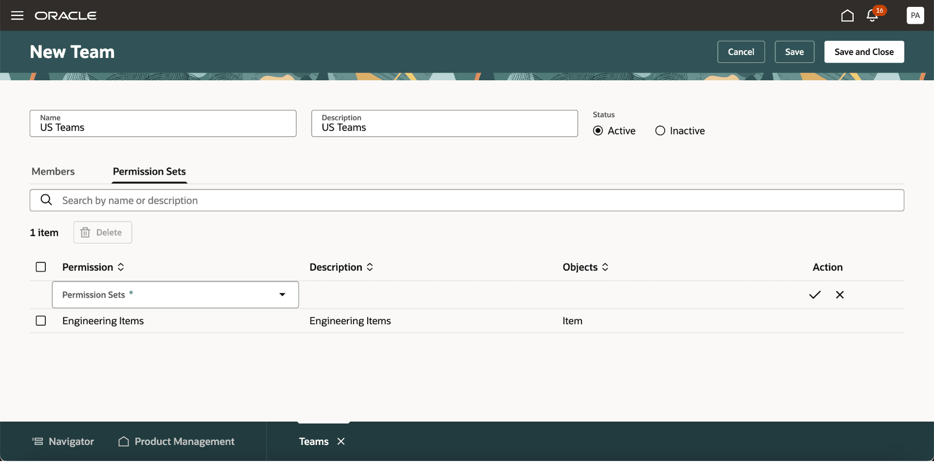 「チームの作成」ページの「権限セット」タブ